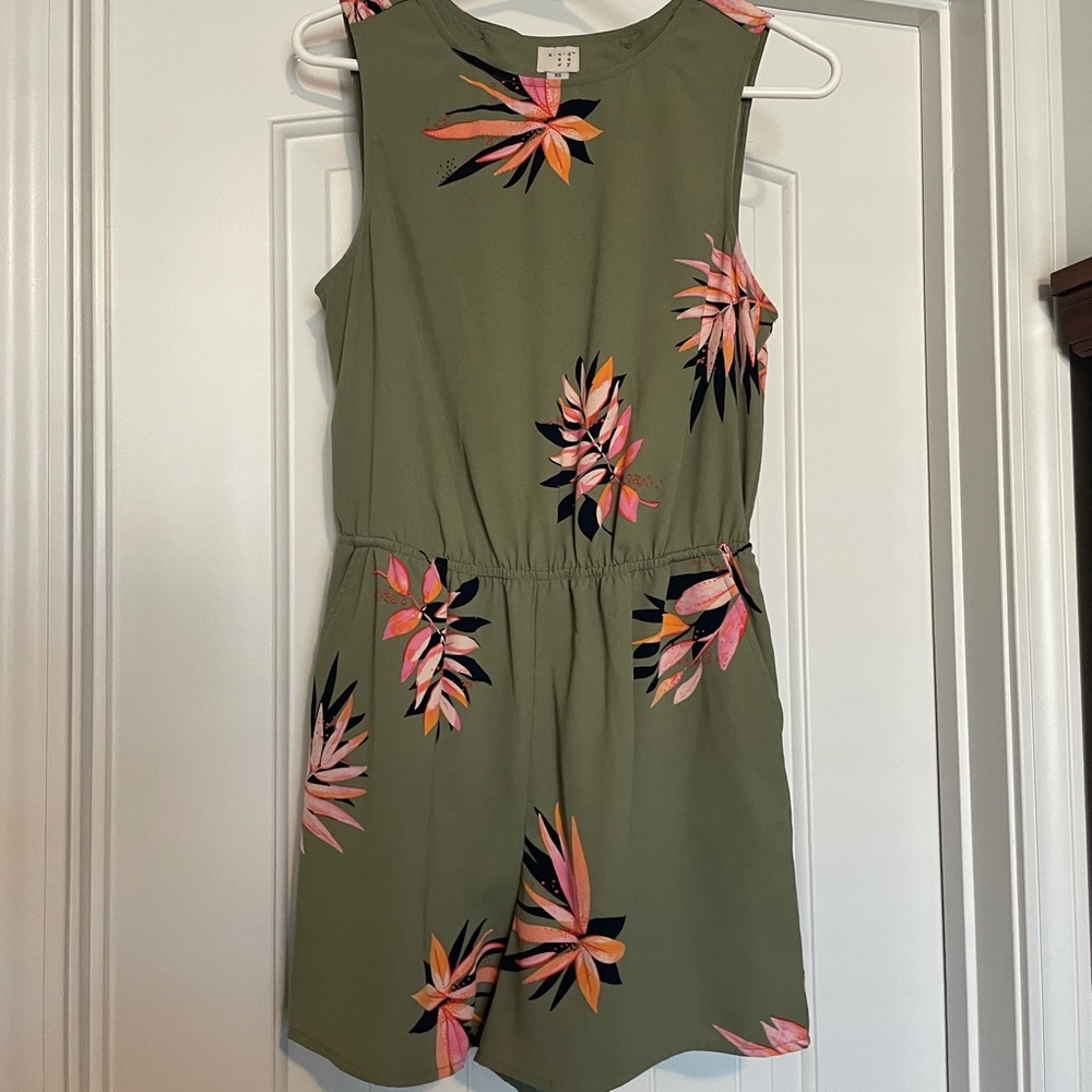 a new day Olive Green Floral Sleeveless Romper with Pink & Orange Accents